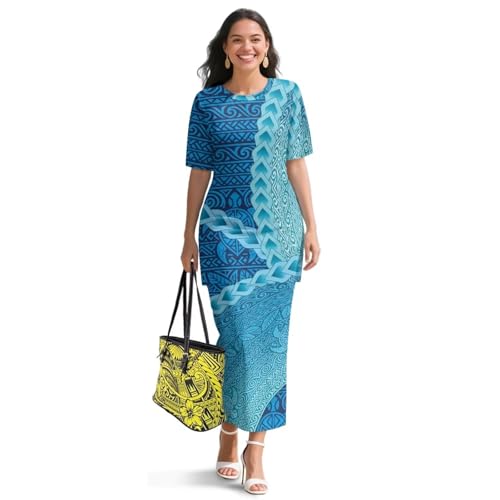 Puletasi Polynesian Tribal Island Short Sleeve Dress Samoan Puletasi Casual Dresses Two Piece Skirts Set for Women