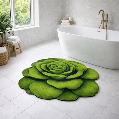 Image of Luxe Home 3D Bath Mat Rose Shaped Super Soft, Anti Slip Skid, Washable, Quick Dry Floor Mat for Bathroom, Bedroom, Living Room (Green, 67x71 cm)