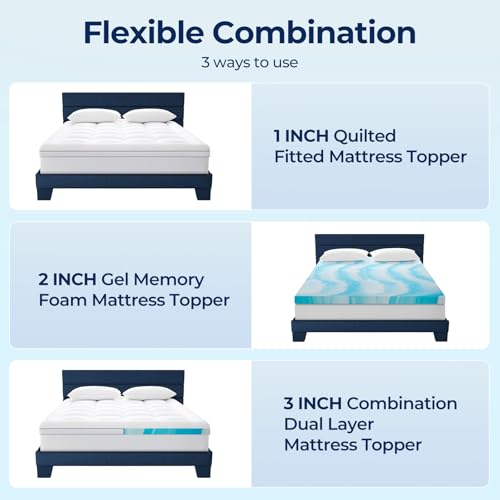 Premium Dual Layer 3 Inch Memory Foam Mattress Topper, 2 Inch Gel Memory Foam and 1 Inch Pillow Top Mattress Pad Cover for Back Pain, Comfort Support（Queen Size 60" x 80"） image 5
