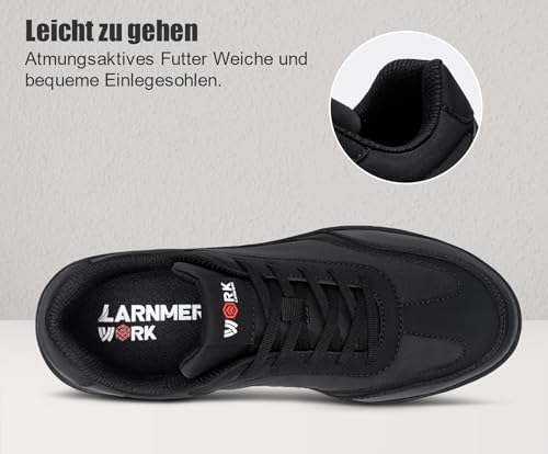 LARNMERN Arbeitsschuhe Herren rutschfeste Sicherheitsschuhe Barfußschuhe mit Breiter Spitze Atmungsaktiv Stahlkappenschuhe Sportlich Schutzschuhe(43 Herren,Schwarz)