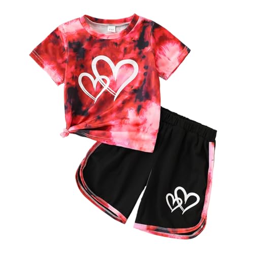Image of Kids Girl Clothes Tie Dye Heart Print Short Sleeve Top and Shorts Toddler Girl Summer Outfits Short Set