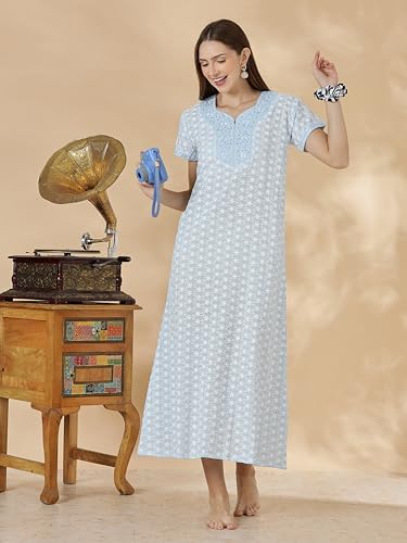 Image of 9shines Label Stylish Chikankari Cotton Nighty Maxi for Women | Full Length Nightgown | Nightdress with Pocket | Embroidery Nighty | Soft Comfortable Cotton Nightwear (1545)