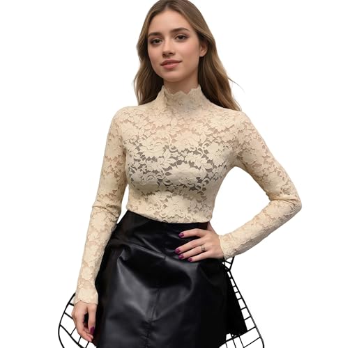 MAAYKOM Women's Sexy Slim Fitting Long Sleeved Turtleneck Pullover Bottom Shirt Mesh Lace Perspectives T-Shirt Top (US, Alpha, Small, Regular, Regular, Beige) by MAAYKOM - Used condition - Image 4