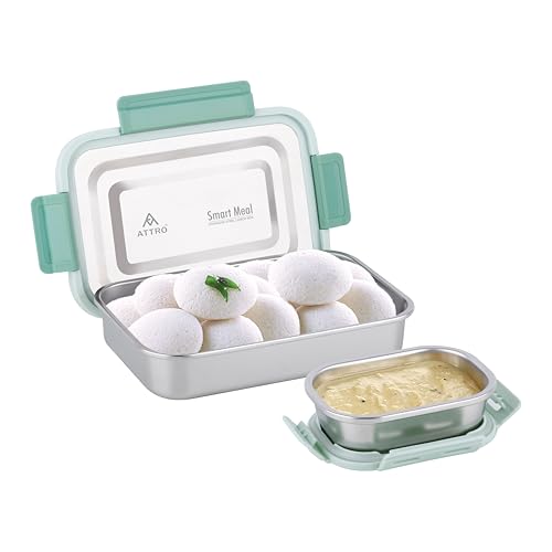 Image of ATTRO Smart Meal Big Stainless Steel Lunch Box with 1 Small Container Airtight Spill-Proof BPA Free Food Grade Ideal for Office, School, Picnic, 950ml+170ml- Green