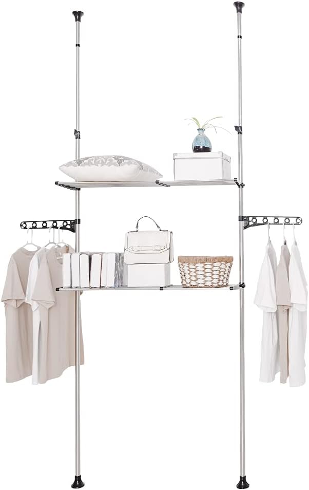 BAOYOUNI 2-Layer Expandable Laundry Shelf Over Washing Machine Storage Rack Tension Pole Space Saver Bathroom Organizer with Towels Clothes Hanger Hook, Ivory