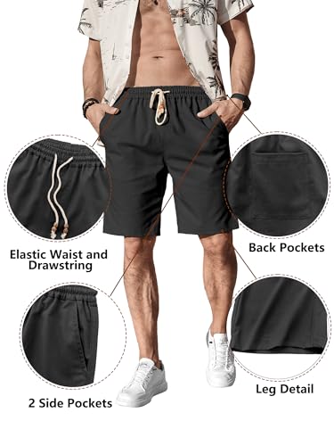 Comdecevis Men's Linen Shorts Casual Elastic Waist Drawstring Summer Beach Vacation Yoga Golf Shorts with Pockets X-Large Black