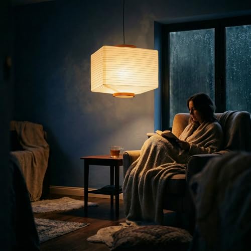Image of Nogy Paper Lantern Lamp Japanese Style Pendant Light - Off White Rice Hanging Paper Lamp Shade with Cord (11.5 Hardwired Square (Ceiling))