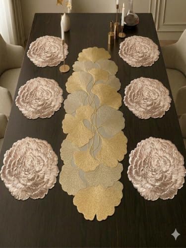 Image of Dakshya Industries PVC Waterproof Round Table Placemat & Table Runner Combo Set | 6 Round Table Mats (38 x 38 cm) + 1 Table Runner | Heat Resistant, Washable, Non Slip Dining Table Decor (Gloriva)