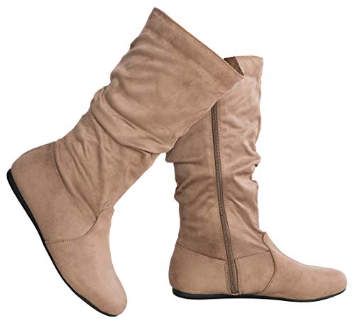 Olivia K Womens Low Heel Mid-Calf Slouchy Suede Slip On Casual Boots with Side Zipper