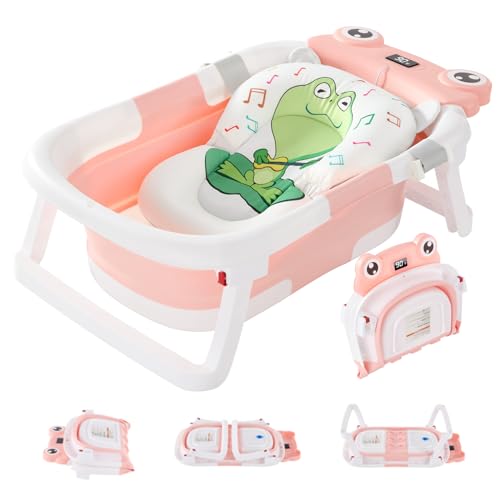 Image of Foldable Baby Bathtub with Cushion & Water Thermometer and Drain Hole, Portable Durable Foldable Baby Bath Tub for Newborn Infants 0-36 Months (Pink)