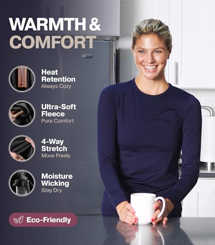 Thermajane Long Sleeve Thermal Shirts for Women Cold Weather, Womens Thermal Underwear Tops, Base Layer Women Thermal (Black, Medium)