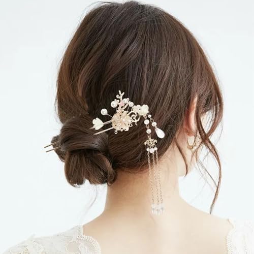 5 Pcs Flower Pearl Tassel Hairpins & Rhinestone Hair Clips, Vintage Chinese Hanfu Bridal Wedding Headpieces Hair Accessories for Women Girls Updo Hairstyle