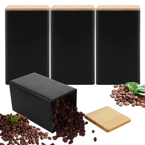 AHAQU Juego de 4 botes de té, café y azúcar, 8,5 x 8,5 x 15 cm, tarros de azúcar, color negro con tapas herméticas de bambú, juegos de recipientes de cocina de metal para almacenamiento de alimentos