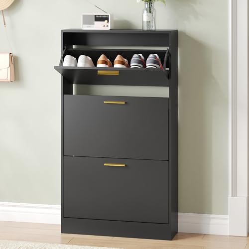NOVAMAISON Shoe Cabinet for Entryway Slim, Narrow Shoe Storage Cabinet with 3 Flip Drawers, Wood Hidden Shoe Storage, Freestanding Shoe Organizer Cabinet for Hallway, Bedroom, Apartment, Black