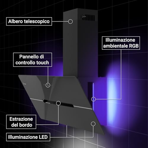 KKT KOLBE ECCO909SHCM Afzuigkap, 90 cm, hoofdvrije wandkap, roestvrij staal, zwart glas, wifi, automatische naloopfunctie, RGBW-ledverlichting, sensortouch-bediening - Afbeelding 5