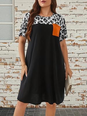 Plus Size Women's Leopard Print Short Sleeve Shift Dress for Women Black Casual Loose Fit Knee-Length Tunic Contrast Pocket