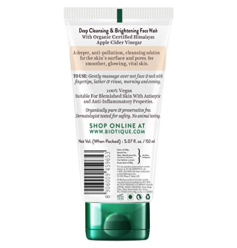 Biotique Apple Cider Vinegar Deep Cleansing Facial Wash, all Skin Types Face Wash, 150ml