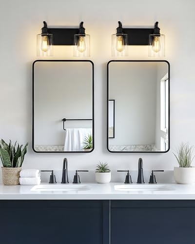 Image of 2-Light Black Bathroom Light Fixture Over Mirror, Modern Vanity Light, Clear Glass Wall Sconce, VL01BK-2
