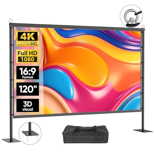 Image of 120 Inch Projector Screen with Stand, Portable Outdoor Movie Screen | 120-inch projector screen with upgraded 4-hole base plate for stability, and quick setup with carry bag for indoor outdoor