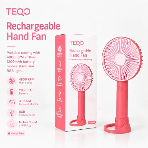 Image of TEQO Rechargeable Hand Fan 4800 RPM High Speed | 1200mAh Battery, Up to 6 Hours Runtime | Portable USB Fan with Mobile Stand & RGB Light | 3 Speed Personal Mini Fan for Travel, Makeup (Raspberry)