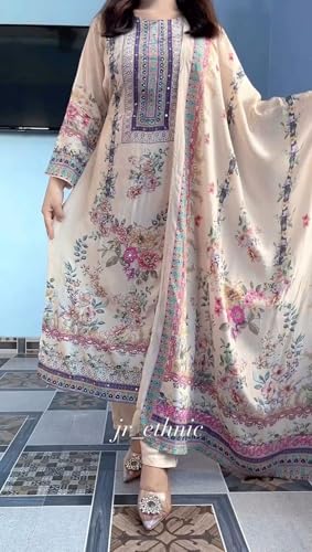 Image of Womens Pure Silk Full Sleeves Round Neck Kurti With Pants And Dupatta 3-Piece Ethnic Wear-Off
