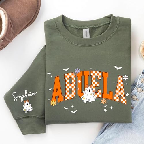 Personalized Halloween Grandma Sweatshirt with Grandkids Name on Sleeve, Retro Spooky Boo Mom Sweater3