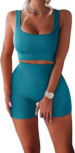 Women's Workout Outfits Ribbed Tank 2 Piece Seamless High Waist Gym Outfit Yoga Shorts Leggings Sets