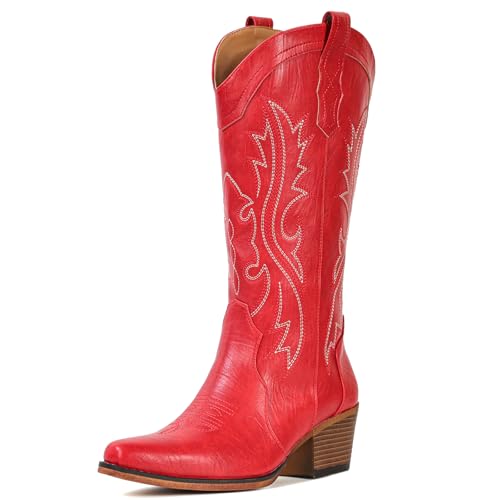 Image of IUV Cowboy Boots For Women Western Cowgirl Boots Mid Calf Snip Toe | Chunky Heel Ideal for low insteps