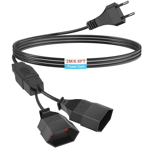 2M Stromkabel Verlängerung Netzkabel, 2-in-1 Verlängerungskabel Flachstecker, Typ-C Euro Stecker auf Typ-C Euro Buchse, Euro Verlängerung 0.75mm² für TV PC Computer Monitor Beamer Lampe, Schwarz