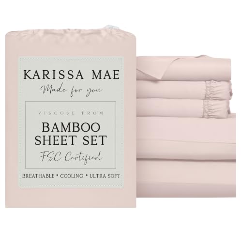 Image of KARISSA MAE Luxury Bamboo Viscose Split King Size Sheet Set, FSC Certified | Includes 2 Twin XL Fitted Sheets | Sleep Number & Adjustable Bed | Cooling | 18 inch Deep Pocket w / Corner Straps [Pink Peony]