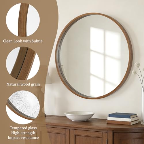 Image of WallBeyond Round Wood Mirror, 32 inch Round Modern Decoration Large Circle Wall Mirror for Bathroom Living Room Bedroom Entryway, Walnut