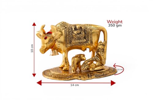 Image of KridayKraft Kamdhenu Cow,Calf with Bal Gopal Krishna Metal Statue for Good Luck,Feng Shui As Table Top Figurine,Vastu,Religious Gau MATA Idol Home,Office&Table (Gold, Medium)