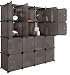 LANGRIA 16 Cube Organizer Plastic Stackable Storage Shelves Multifunctional Modular Closet Cabinet with Hanging Rod for Clothes Toys(Transparent Brown)