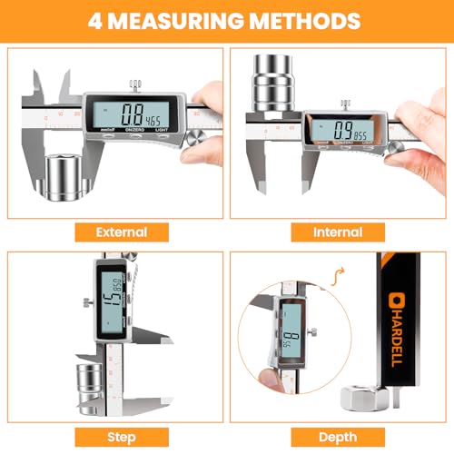 Image of HARDELL Digital Caliper 8 Inch, Rechargeable All Metal Electronic Micrometer with Large Backlit LCD, Inch /mm /Fraction Conversion, Auto-Off - Measuring Tool for DIY, 3D Printing, Workshop & Household