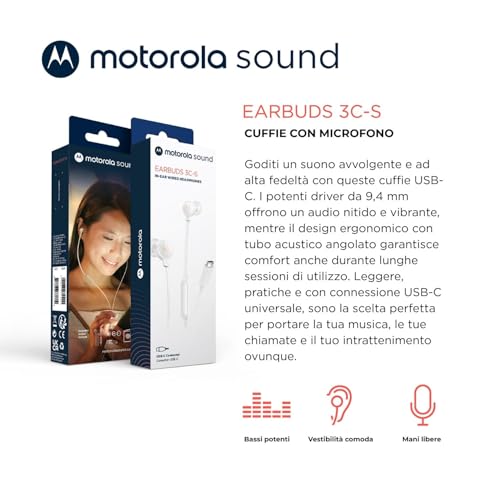 Motorola Sound Earbuds 3C-S Cuffie Intrauricolari Con Microfono, Vestibilità Comoda, Chiamate In Vivavoce, Suono Ad Alta Definizione, Design Sicuro, Connettore USB-C, Bianco - 2