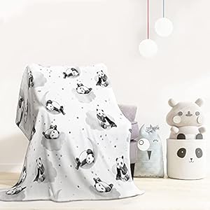 Happy Linen Company Mädchen/Jungen Tagesdecke – mit niedlichen Panda-Motiven – Kunstfell/Fleece – Weiß-Monochrom – Groß