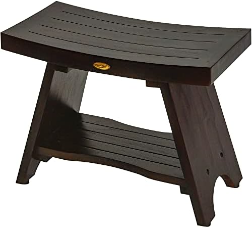 DecoTeak Serenity Shower Stool Wooden Shower Seat Spa Bench with Curved Seat, 24" Long Teak Wood Shower Stool in Woodland Brown Finish for Indoor and Outdoor Use