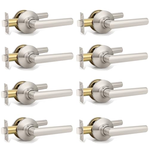 GOBEKOR 8 Pack Brushed Nickel Door Handles Interior,Heavy Duty Passage Door Handles Interior Door Levers for Hallway and Closet, Modern Sleek Round Door Locks Satain Nickel