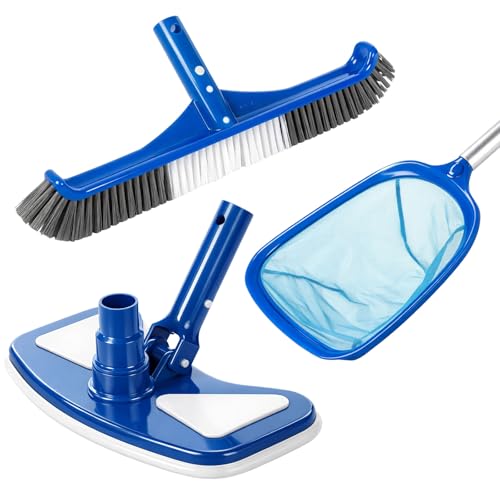 Tioncy 3 Pcs Pool Cleaning Kit Manual Pool Vacuum Head with Bottom Brushes, Large Brush and Skimmer Net Fine Mesh for Above Ground In-ground Ponds Spas Hot Tubs