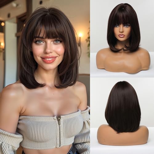 Esmee 14 Pulgadas Peluca Bob Marrón Oscura Corta con Flequillo Extremos de Cabello Ligeramente Rizado Pelucas de Cabello Sintético Natural Liso para Mujeres Uso Diario de Fiesta Cosplay