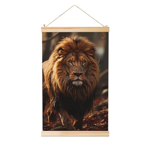 Peinture d'art lion grand format avec cadre en bois noble