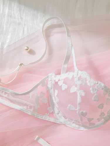 Image of Lilosy Sexy Underwire Cute Push Up Strappy Embroidered Mesh Sheer Lingerie Set See Through Panty Bra