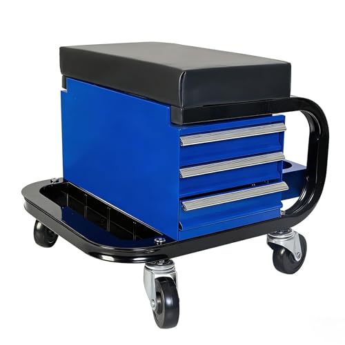 S.Walt Rolling Mechanic Stool with Wheels, Creeper Seat with 3 Built-in Tool Drawers, Side Tool Tray & Rear Bottle Tray for Shop & Work, Garage Use (14" L × 15" W × 15" H)