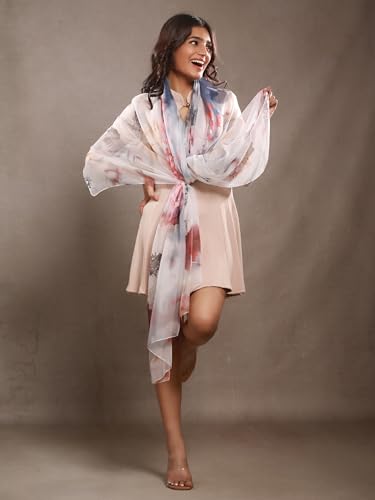 Image of Scarf Stole for Women - 185 x 135 cm Chiffon Scarf with Floral Print | Lightweight Scarf, Soft Stole for Women | Satin Feel Neck Scarf | Women Accessory
