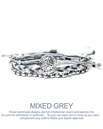Mezcla Vida Bohemian Wave Coin Charm Silver Zinc Beaded Waterproof Rope Surfing Bracelets Sets For Women Teen Girls, Beach Hippie String Jewelry (Mixed Grey) #TOP1