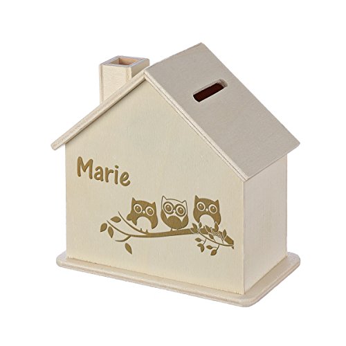 polar-effekt Hucha con grabado - Hucha de madera - Regalo de dinero para bodas, cumpleaños, inauguración de cumpleaños, cumpleaños, hucha personalizada, diseño de familia de búhos Cover