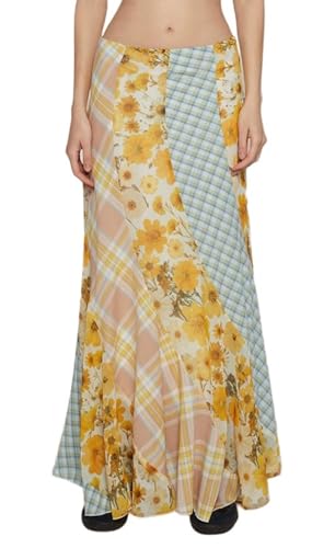 CHARTU Women Floral Print Plaid Patchwork Maxi Skirt Summer Beach Vacation Lightweight Flowy Long Skirt