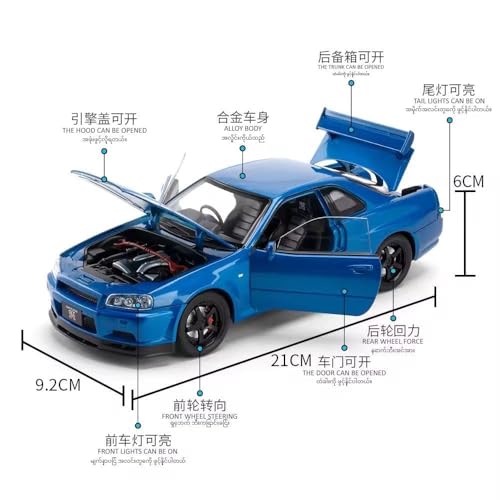 Image of 1:24 Nissan Skyline GT-R R34 Diecast Model Car, Pull Back Toy with Sound & Light, Collectible for Kids & Adults (Blue)