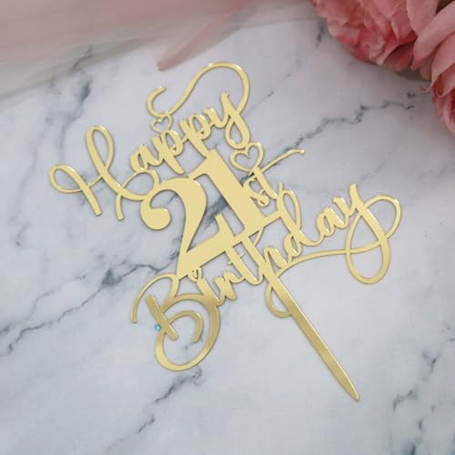 Ruscalin Happy 21st Birthday Cake Topper,Mirrored Gold Acrylic Topper