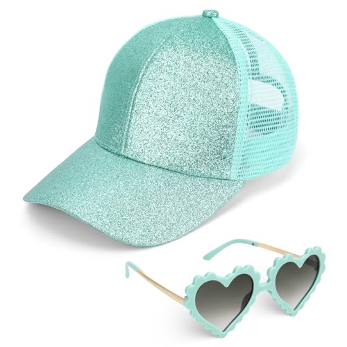 Casquette de Baseball pour Fille Lunettes de Soleil Enfant, Chapeau Queue de Cheval à Paillettes Casquette Snapback Réglable Chapeau Soleil D'été pour Le...